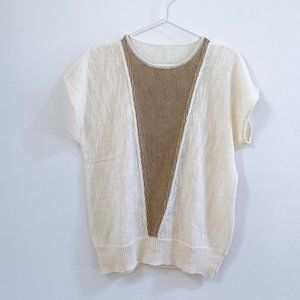 Light Knit Sweater Vest Cap Sleeve Cream and Tan Women Sleeveless Top Sz M/L